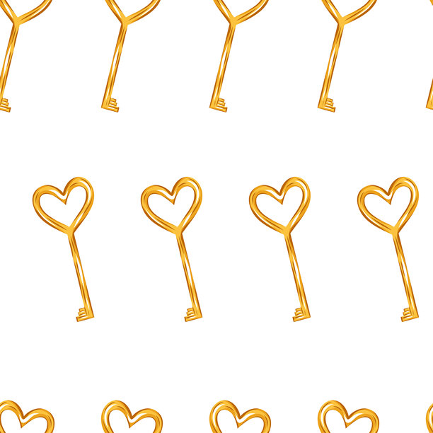 金色的心形钥匙无缝图案。极简浪漫风格的干净矢量图，非常适合情人节设计、包装纸、品牌推广、壁纸、纺织品和办公用品。图片下载