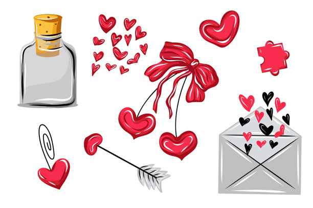情人节矢量素材，包含红粉色系的爱心、信封、箭、蝴蝶结、瓶子和爱之符号。手绘风格，适用于贺卡、贴纸、邀请函、包装和浪漫设计。图片下载