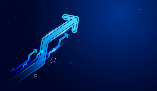 深蓝色科技背景上的经济增长箭头，流动箭头展示了动感、创新和目标达成。矢量插画图片下载