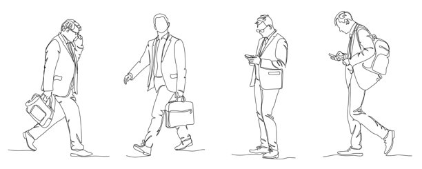 商界人士边走边打电话，身穿西装，手拿公文包。连续线条画。黑白矢量艺术风格插画。图片下载