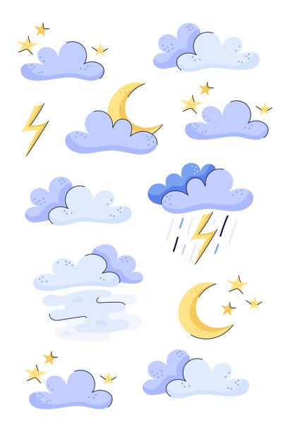 垂直室内天气海报。涂鸦矢量插画。云、风暴和雾。适用于学前班材料、天气预报指南、教室装饰和天气预报表图片下载