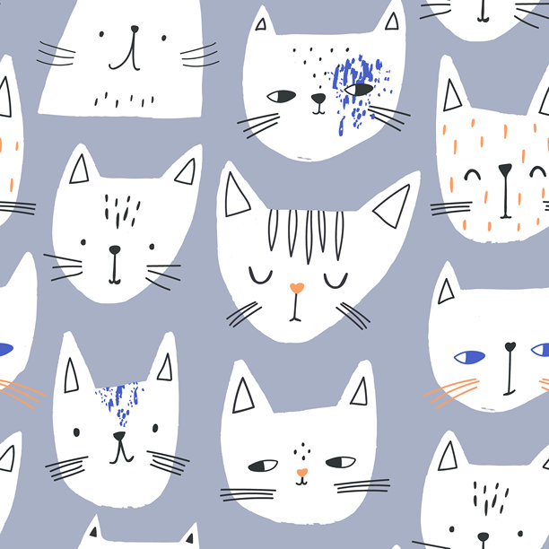 创意白猫卡通无缝图案，带有猫脸和猫咪背景。适用于面料、纺织品、服装、壁纸的儿童纹理。矢量插画图片下载