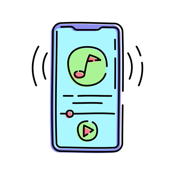音乐播放器涂鸦风格设计，带有播放按钮和音符的智能手机屏幕，象征移动音频播放，非常适合应用程序界面流媒体和数字媒体图片下载