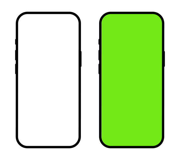 一组手机模型，黑色现代智能手机模板，正面视图。手机模型。带空绿色和白色屏幕的智能手机模型，孤立在白色背景上。图片下载