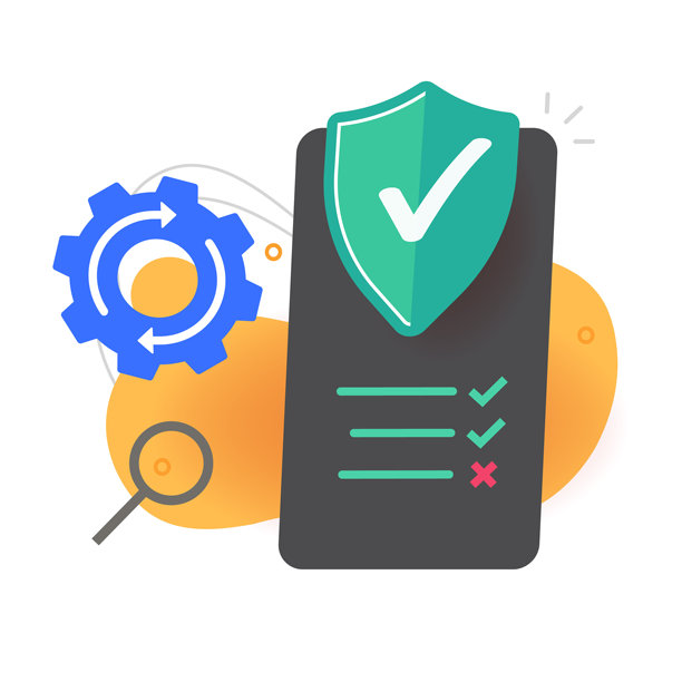 手机安全诊断审计图标矢量图和智能手机网络安全扫描矢量图，现代图形插画设计，手机保护分析检查测试技术盾牌图片下载