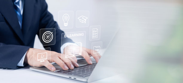 商务专业人士使用笔记本电脑，配有电子学习和在线教育图标，代表数字培训、远程学习、企业教育、知识管理和现代技术解决方案。图片下载