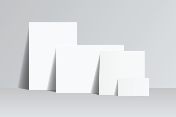空白纸张模型集，展示了不同尺寸的纸张排列在背景上。极简风格的文具，适用于品牌、海报、宣传册、传单、作品集、印刷、布局展示和模型显示。图片下载