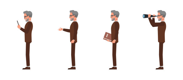 高级商人穿着棕色西装、戴着眼镜的角色集合。男士们工作并拿着望远镜、手机。矢量插画扁平化设计。图片下载