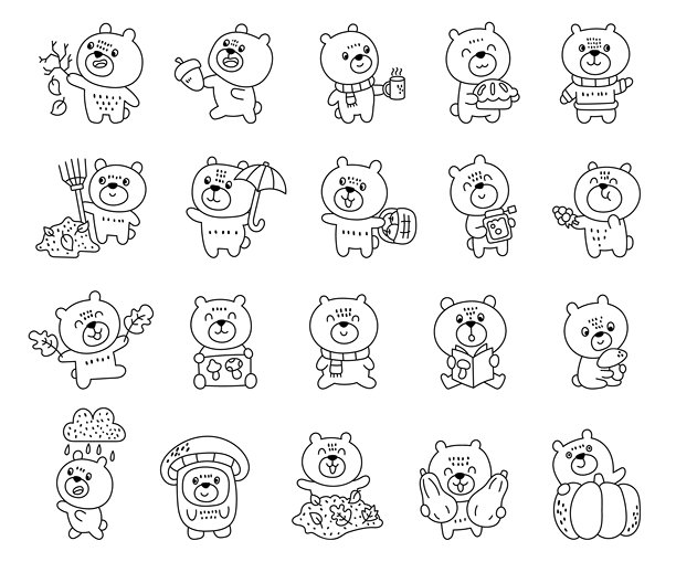 秋季熊的轮廓线条艺术插画，包含不同的姿势和情绪，描绘了季节性的森林动物、秋季服装、天气、舒适的阅读、散步等场景。图片下载