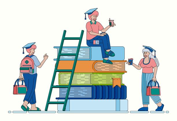 书籍堆叠的线条插画，配有象征教育水平进步、成长和成就的梯子。可用作横幅、传单、网站广告、社交媒体等。图片下载