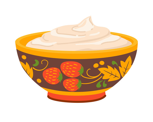 一个白色背景上的木碗，碗里装着酸奶油或蛋黄酱。一个霍赫洛马风格的彩绘碗里装着希腊酸奶。矢量插画。扁平化风格。图片下载