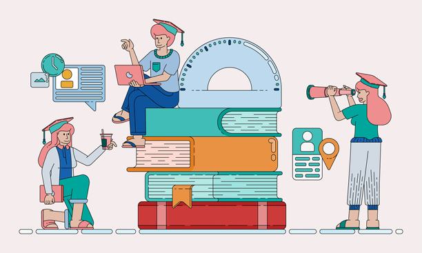 象征教育技术系统中读写能力发展、知识管理和结构化学习的图书摆放线条插画，可用作横幅、传单和网站广告图片下载