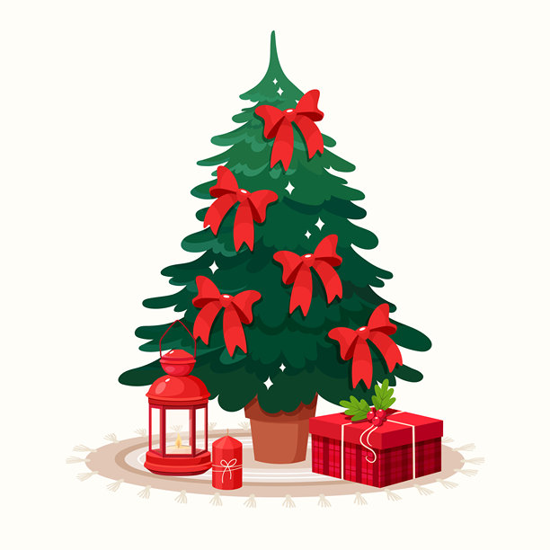 盆栽圣诞树节日插画，装饰有红色蝴蝶结和闪光图片下载