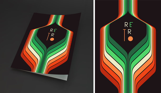 软封面书本版式设计。彩色线条的曲线在中心形成一个框架。留有文字空间。复古的1970年代或1980年代风格。动感的丝带。封面设计模板。矢量插画。图片下载