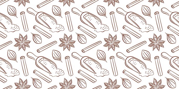 白色背景上的肉桂棒、八角、木勺（装有香料粉）和叶子的无缝图案。线条艺术风格，适用于烹饪书籍设计。图片下载