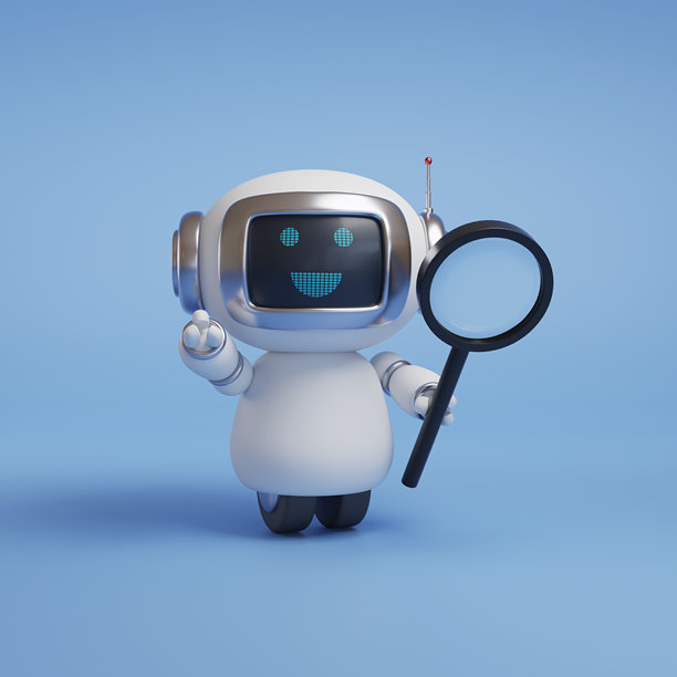 一只手拿放大镜的可爱机器人。3D插画。图片下载
