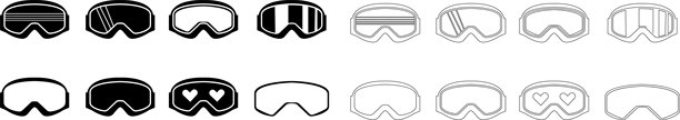 滑雪镜扁平化设计冬季图标集，单板滑雪防护眼镜滑雪模板设计元素，孤立在透明背景上，用于网站设计、logo、应用程序、模板、UI、滑雪装备等。图片下载