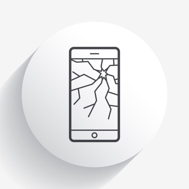 屏幕碎裂的智能手机。圆圈按钮上的图标带有长长的阴影图片下载