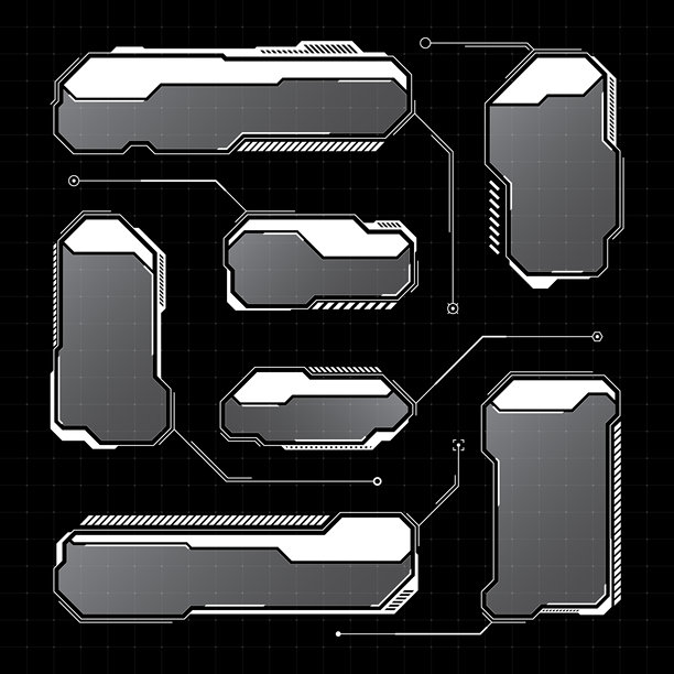 白色未来感HUD，UI元素。科幻用户界面文本框，标注。警告消息框，信息框模板。数字风格的现代游戏界面布局。矢量插画图片下载