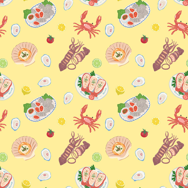 无缝海鲜图案壁纸手绘插画风格图片下载