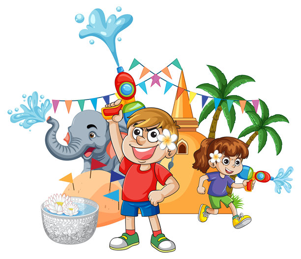 孩子们在宋干节庆祝活动中玩水枪，配有大象插画图片下载