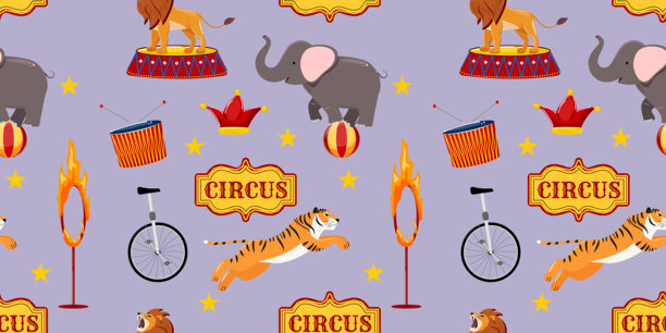 重复的马戏团帐篷图案，有野生动物表演，以及球、独轮车等马戏道具图片下载