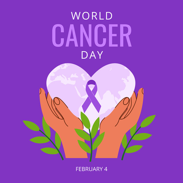 世界癌症日概念插画，包含薰衣草紫丝带、地球和双手图片下载