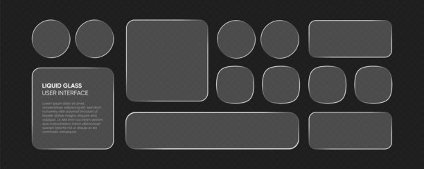 趋势液体玻璃框架和按钮套装，透明背景。矢量EPS10写实插画，包含玻璃拟态文本框、菜单窗口、搜索栏、网站、移动应用UI UX设计元素图片下载