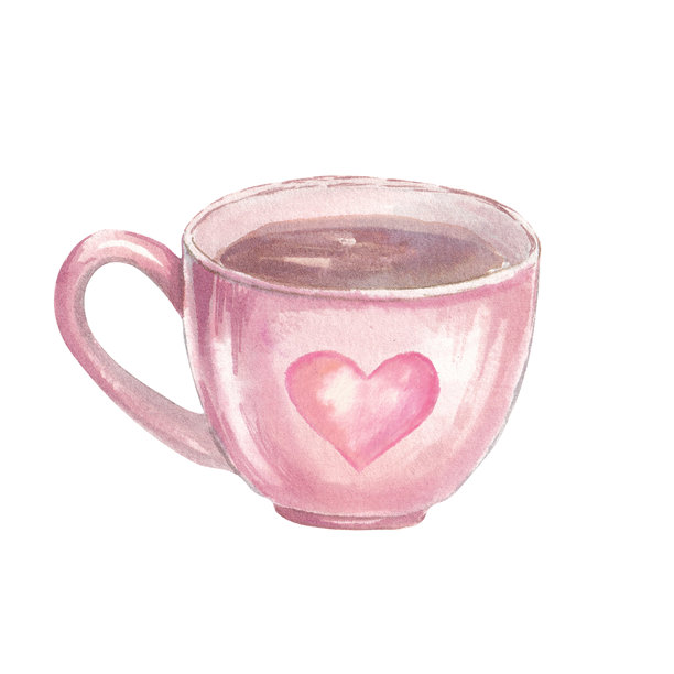 两只粉色茶杯的浪漫水彩插画，上面有心形符号，并饰有玫瑰、叶子和丝带。温馨的爱情主题艺术作品，适合情人节贺卡、邀请函和浪漫设计。图片下载