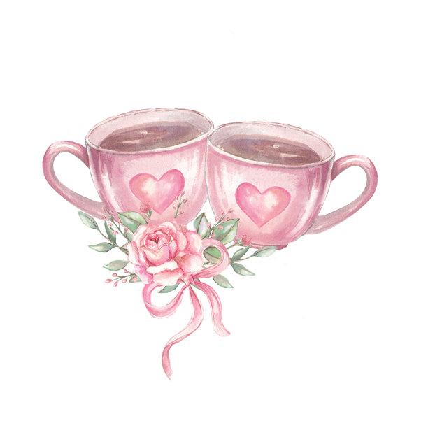 两杯粉色茶杯的浪漫水彩插画，上面有心形符号，装饰着玫瑰、叶子和丝带。温馨的爱情主题艺术作品，适合情人节贺卡、请柬和浪漫设计。图片下载