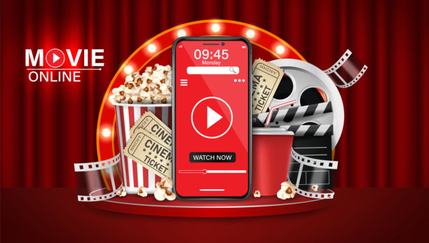 在线电影流媒体概念，配有智能手机、爆米花、电影院元素和红色幕布背景，数字娱乐和“立即观看”服务插画图片下载