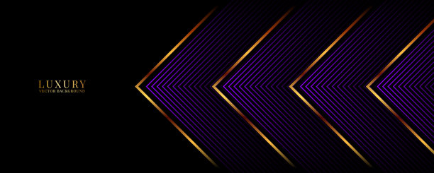 深邃空间中的3D紫黑色奢华抽象背景，装饰有金色箭头形状。现代图形设计元素线条风格，适用于网页横幅、艺术、传单、卡片或手册封面。图片下载