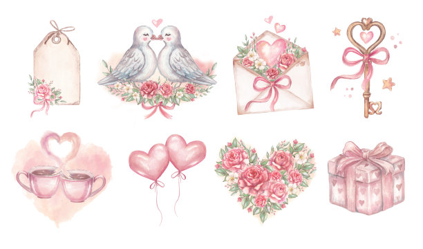 浪漫水彩风情人节剪贴画套装，包含鸽子、心形、花朵、礼品盒、信封、钥匙、气球和舒适的茶杯。柔和的粉彩插画，适用于卡片、婚礼、爱情主题设计。图片下载