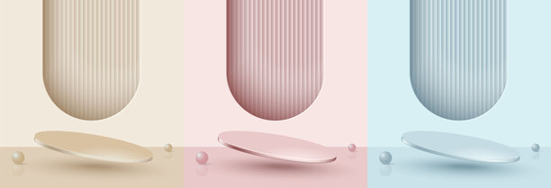 用于产品展示的矢量抽象3D形状渲染，带有现代金色圆形底座、复制空间、框架周围的灯光和红色窗帘背景图片下载