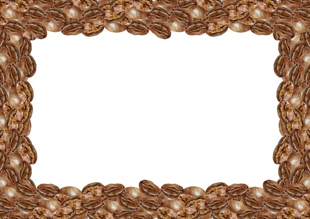 由棕色烘焙咖啡豆组成的咖啡边框。手绘水彩插画，孤立在白色背景上。适用于标签、卡片、邀请函、横幅、海报。图片下载