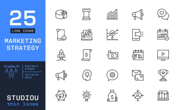 营销策略与数字增长线条图标。商业品牌、广告分析和市场推广符号图片下载