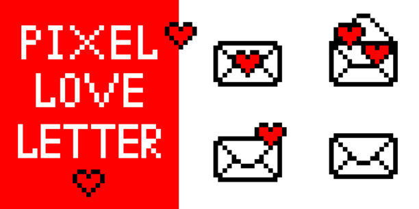 复古游戏风格的红色心形像素信封图标集，包含数字情书邮件概念，适用于街机玩家设计，8位图形插画和复古背景。图片下载