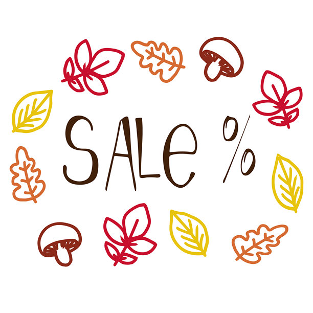 秋季促销手绘字母，配有五彩秋叶和蘑菇，季节性折扣设计，温馨秋季推广插画，用于商店、横幅或海报的矢量涂鸦图片下载