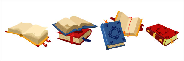 精美的复古书籍矢量插画。一幅卡通场景，描绘了带有图案、书签和宝石装饰的旧彩色书籍，孤立在白色背景上。包括打开的书和闭合的书。图片下载