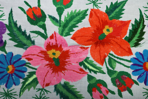 复古刺绣，饰有粉色和红色花朵及绿色叶子图片下载