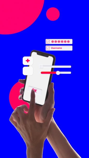 大胆多彩的海报。手持智能手机，屏幕显示密码和访问控制，背景为鲜艳的蓝色。图片下载