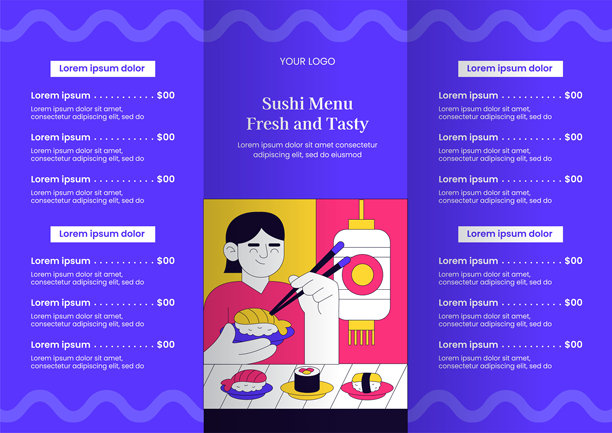 日式寿司食品宣传册设计，配有扁平卡通手绘插画背景图片下载