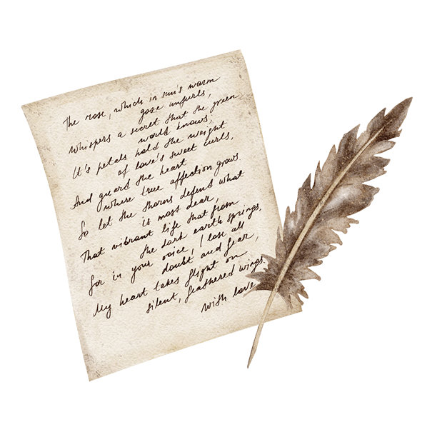 这张水彩插画展示了一封手写的米色信件，上面放着一根棕色羽毛，适用于情人节文具、婚礼纸品套装、剪贴簿页面和包装艺术品。图片下载