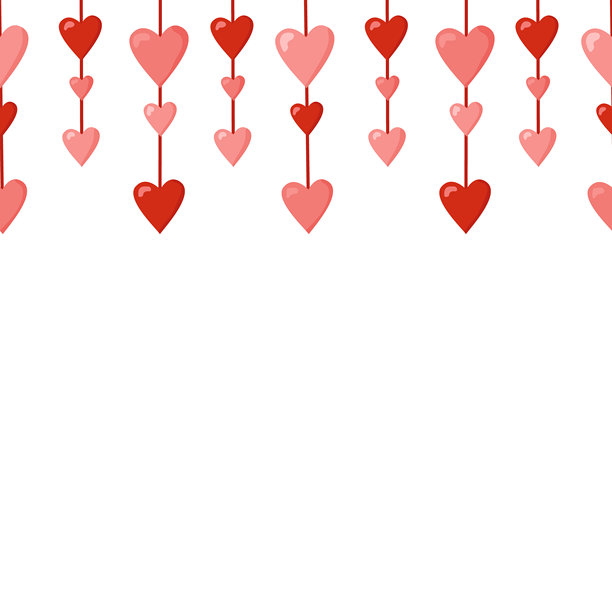 矢量无缝边框，装饰有悬挂的红色和粉色心形，适用于情人节背景。留有复制空间。图片下载