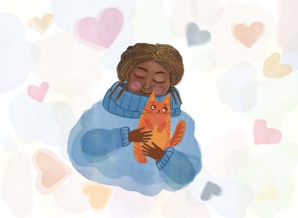 留着编发的深情女子拥抱着橘色虎斑猫。数字插画，背景为粉彩爱心，适合情人节贺卡。图片下载