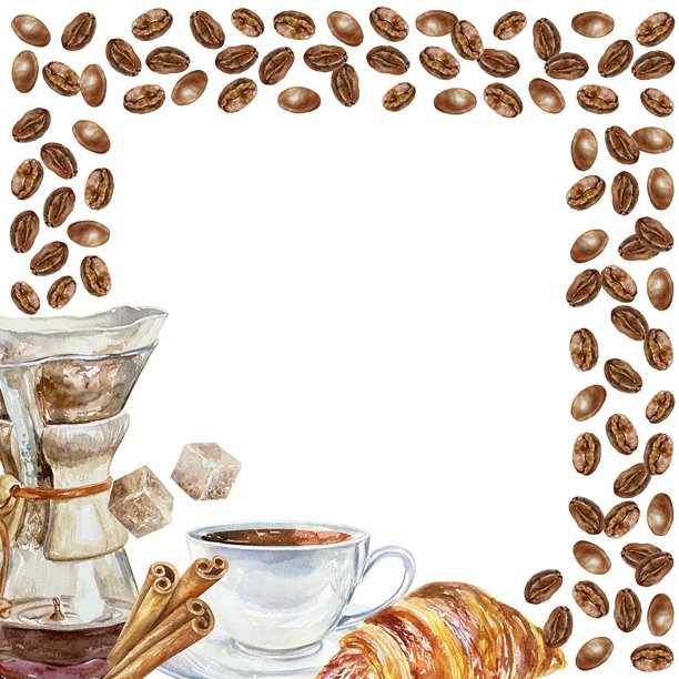 方形画框，内有咖啡豆、咖啡杯、羊角面包、滤滴咖啡漏斗、方糖块、肉桂。手绘水彩插画。标签、卡片、请柬图片下载