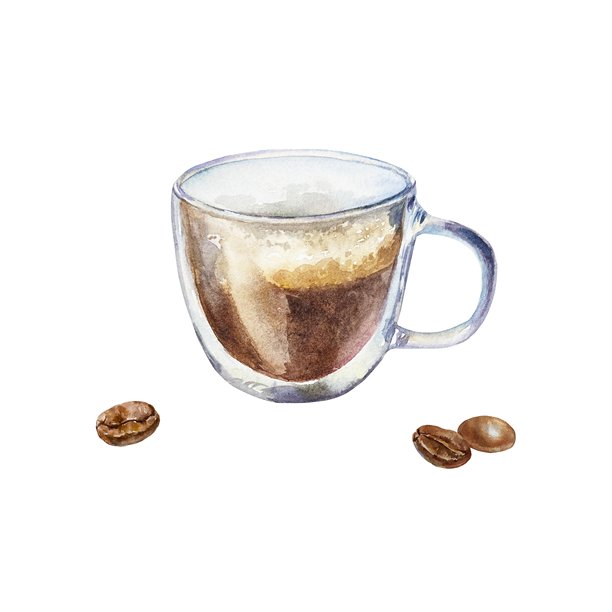 透明杯中的浓缩咖啡和烘焙咖啡豆。手绘水彩插画，孤立在白色背景上。用于贺卡、标签、菜单设计、邀请函、封面、横幅、海报。图片下载