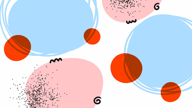 彩色背景上的趣味抽象图形。现代手绘抽象图案，带有柔和色块。创意抽象插画，包含有机形状和圆点。图片下载