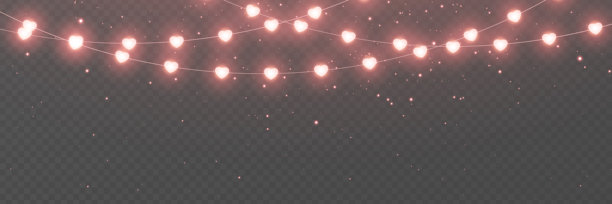 浅粉色心形丝带背景。情人节横幅。金色爱心花环。庆祝派对。圣诞闪光装饰。红色灯泡边框。霓虹灯悬挂的装饰球。婚礼背景。矢量插画图片下载