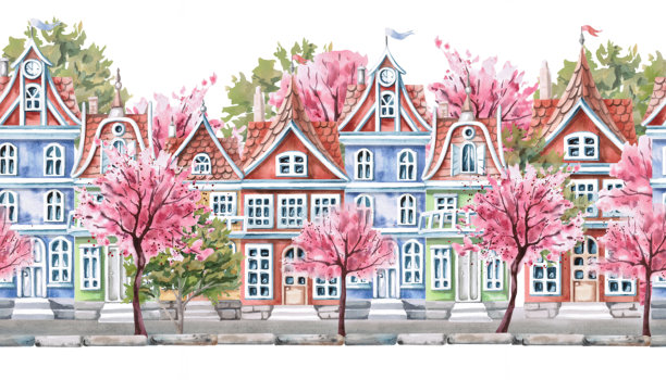 春天城市街道，盛开的树木构成无缝边框。隔离的水彩插画，描绘春天城市风光，适用于旅游印刷品设计、房地产网站和室内设计。图片下载